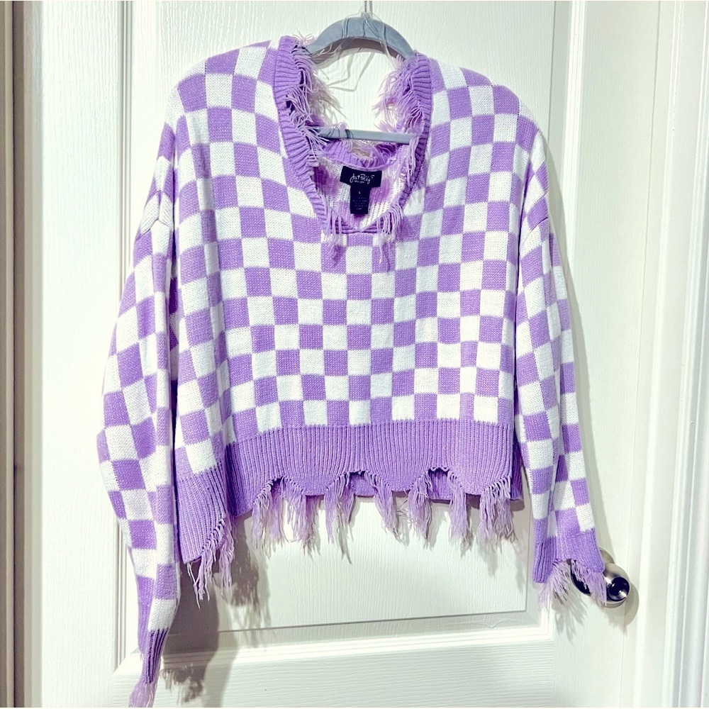 Checkered Sweater - Just Polly Frayed Distressed V-Neck - Large